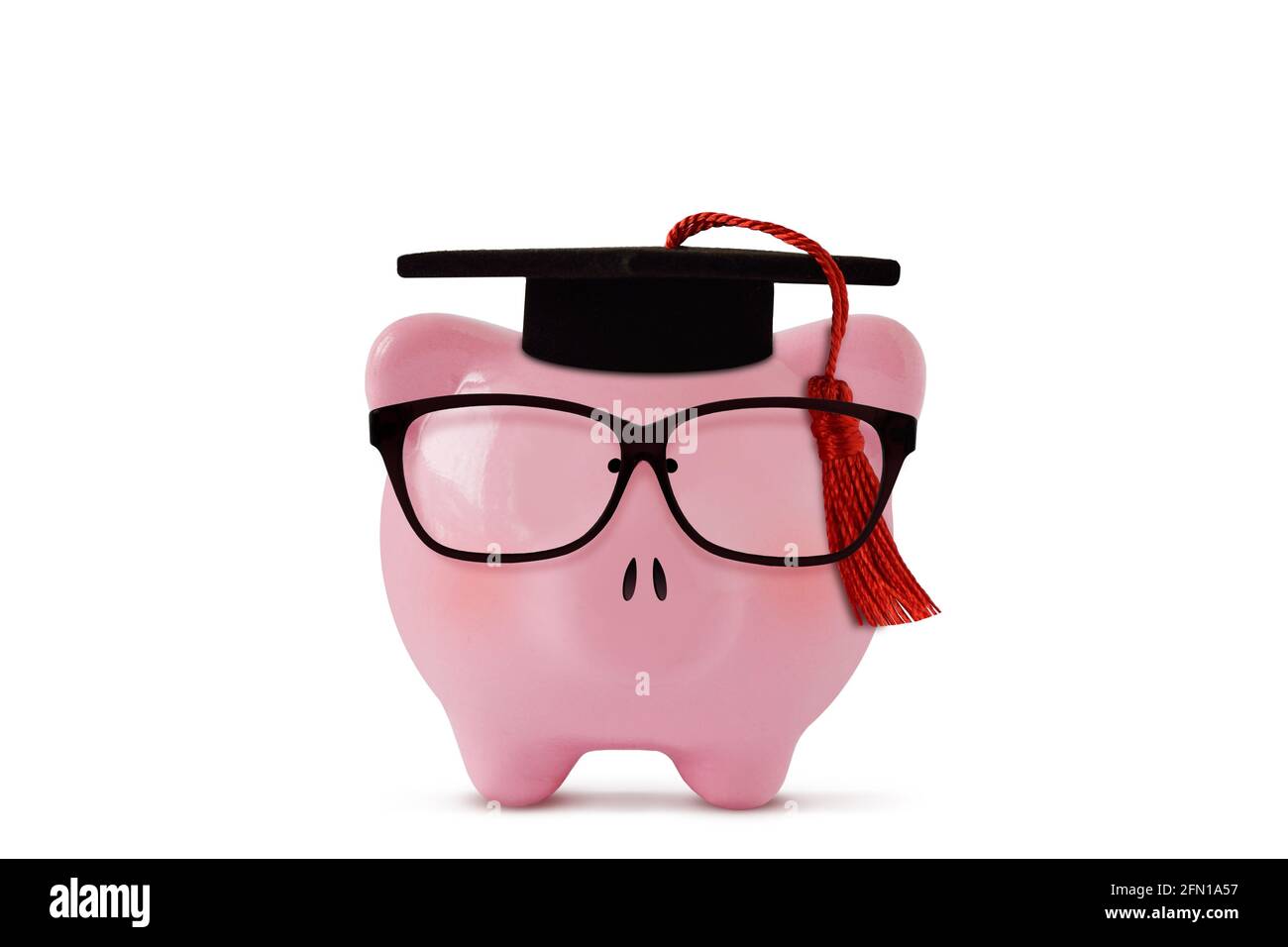 Piggy bank with glasses and graduation hat on white background ...
