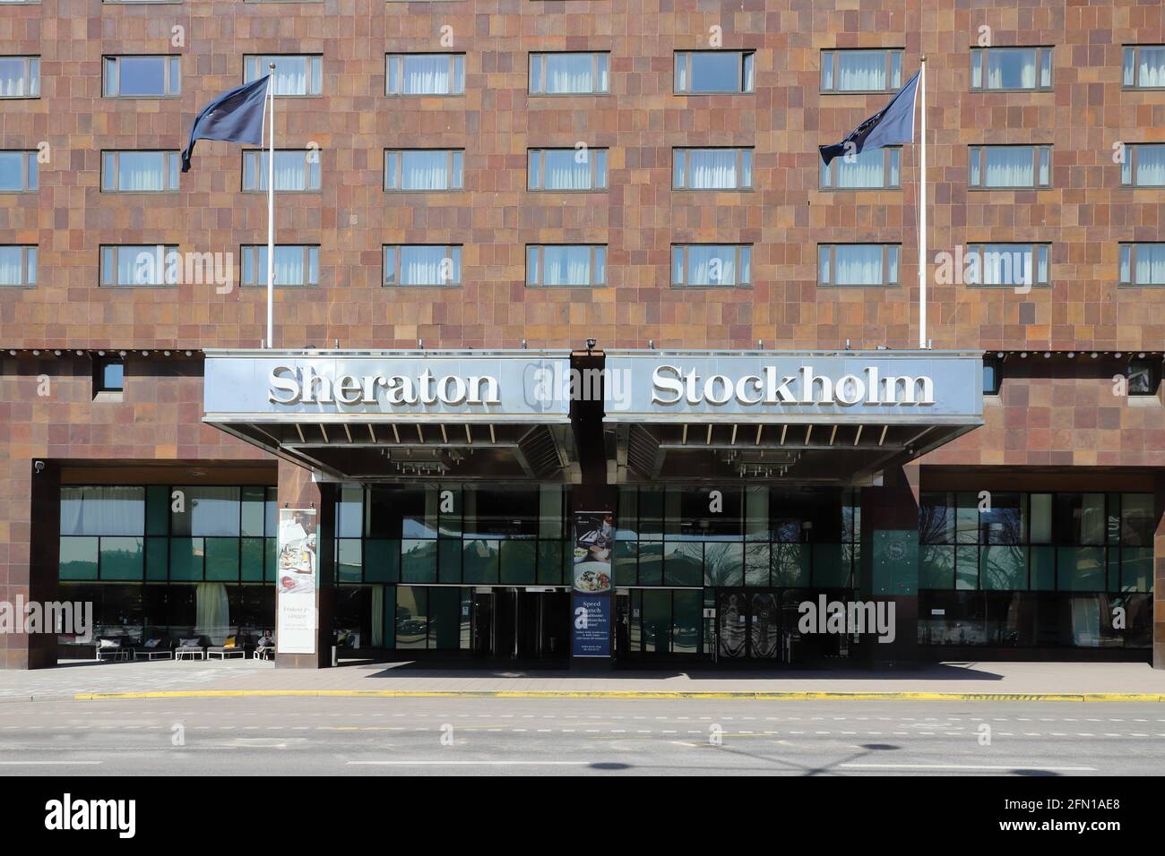 Stockholm, Sweden - May 12, 2021: Entrance and sign at the Sheraton Stockholm hotel. Stock Photo