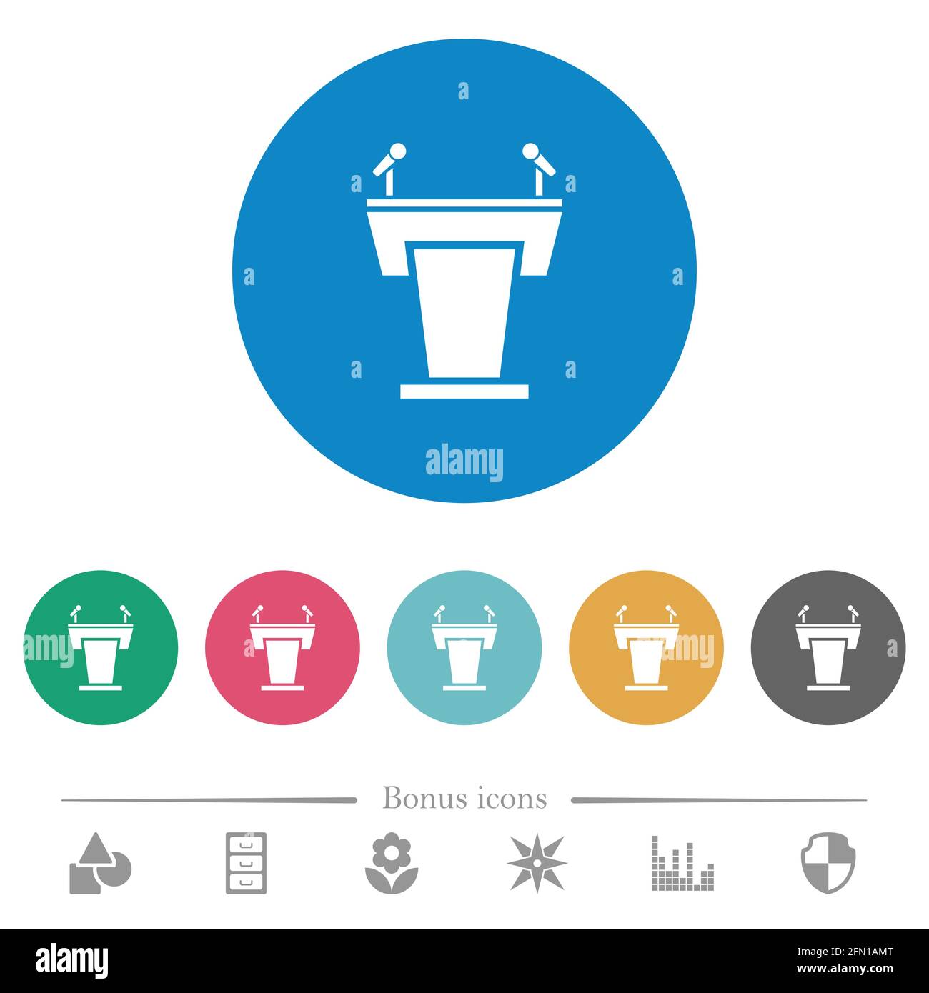 Conference podium with microphones flat white icons on round color ...