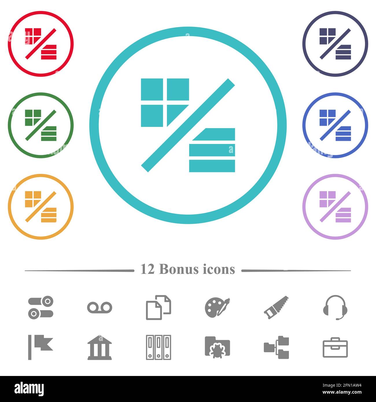 View mode flat color icons in circle shape outlines. 12 bonus icons ...
