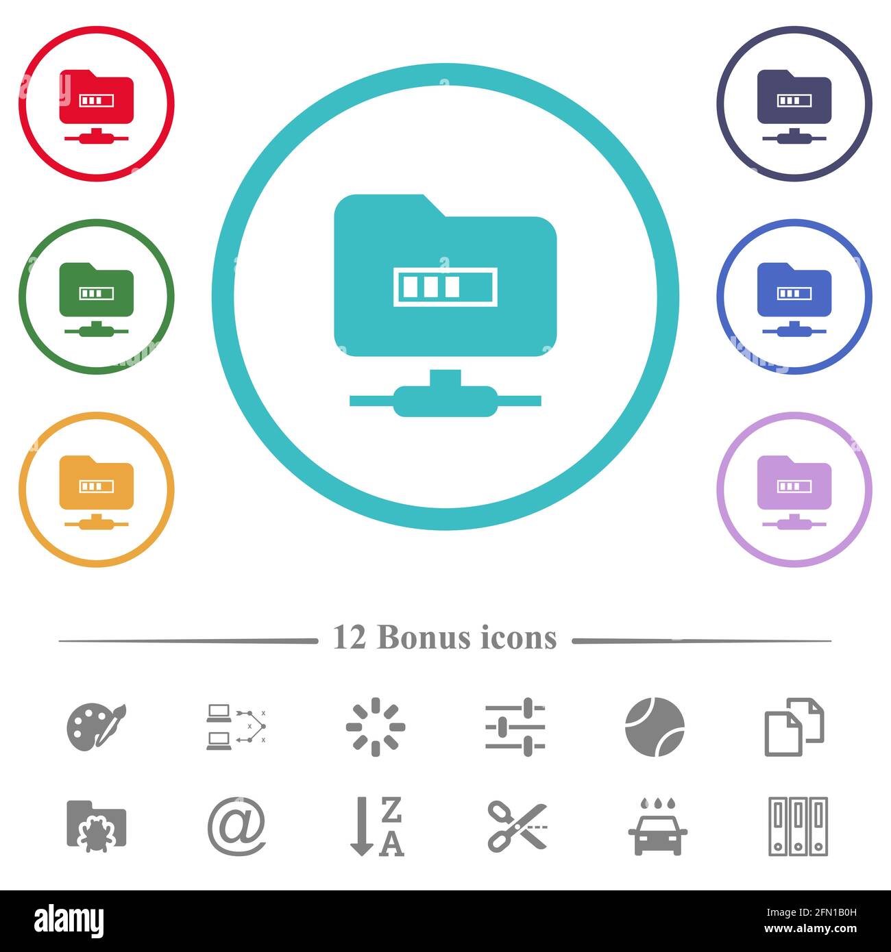 FTP Processing flat color icons in circle shape outlines. 12 bonus ...