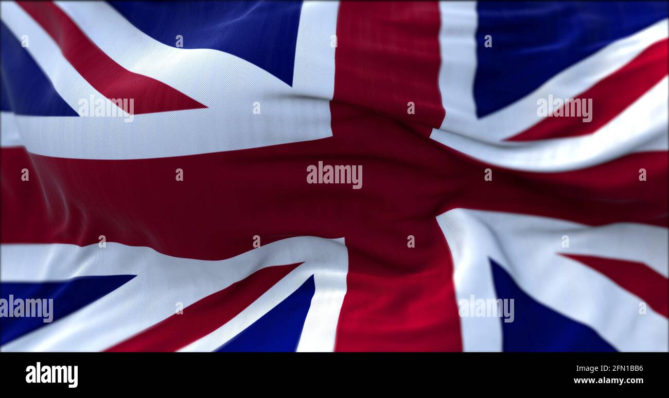 close up view of the United Kingdom flag waving in the wind. Selective focus. Stock Photo