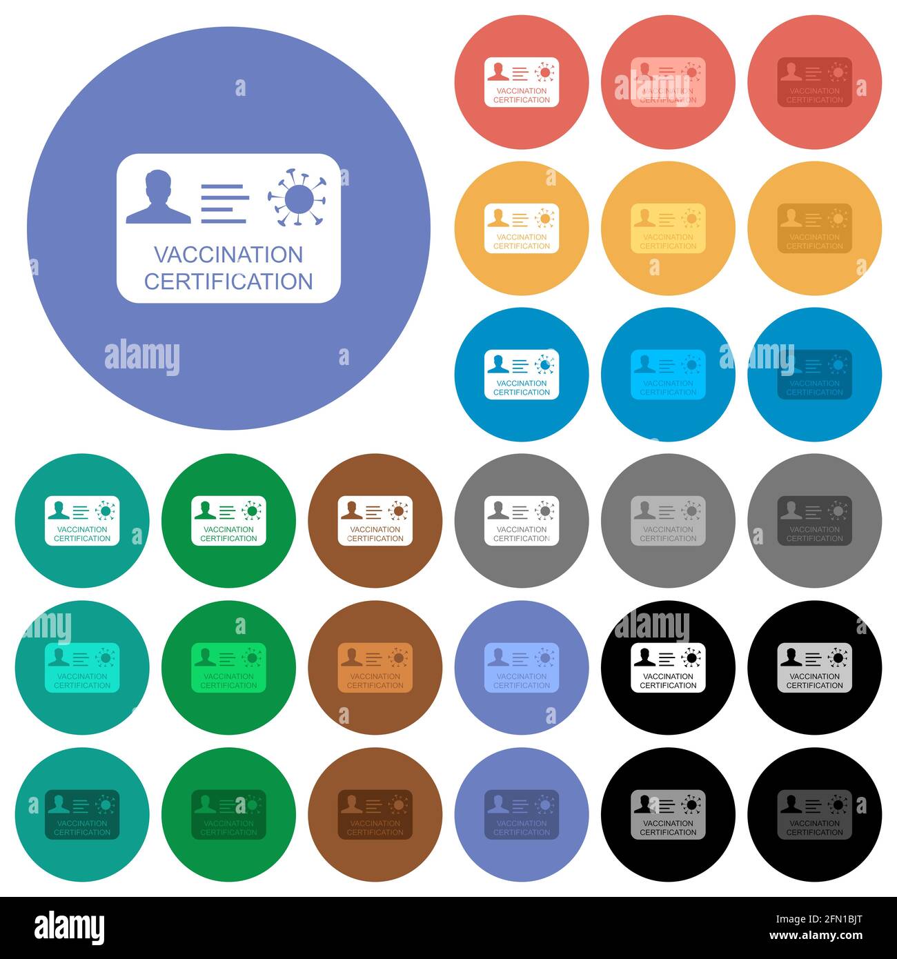 Vaccination certification multi colored flat icons on round backgrounds ...