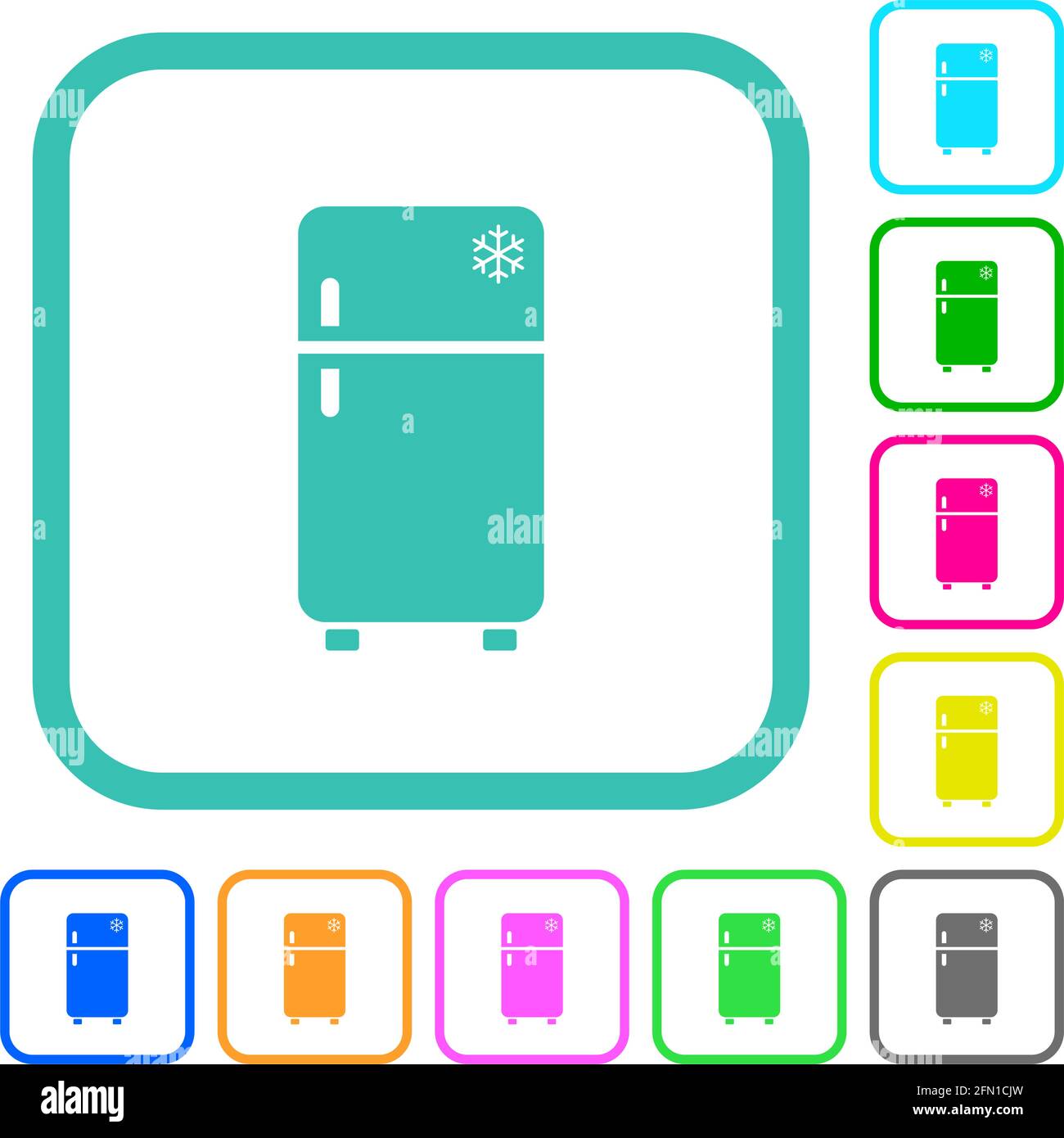Refrigerator with freezer vivid colored flat icons in curved borders on ...