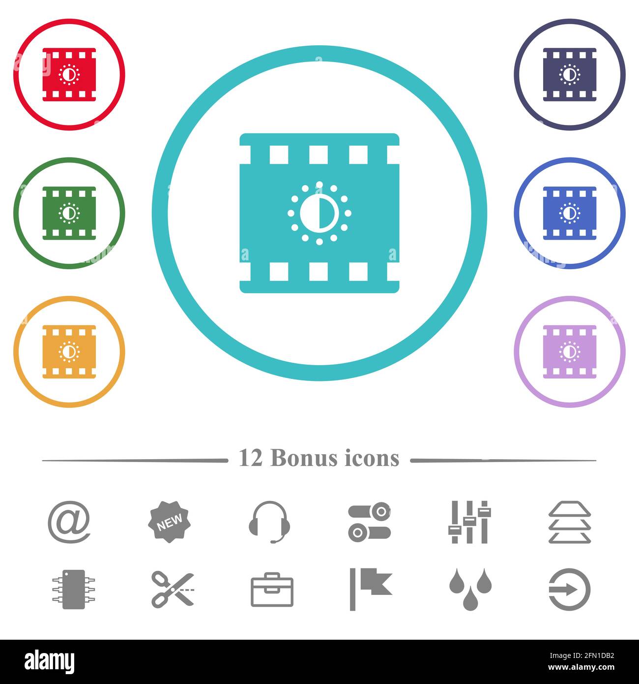 Movie saturation flat color icons in circle shape outlines. 12 bonus ...