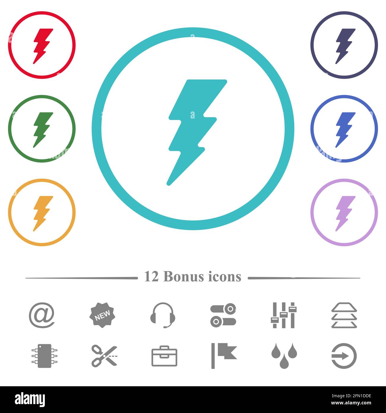 Lightning flat color icons in circle shape outlines. 12 bonus icons ...