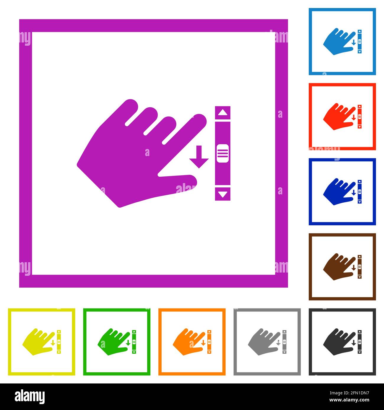Left handed scroll down gesture flat color icons in square frames on white background Stock Vector