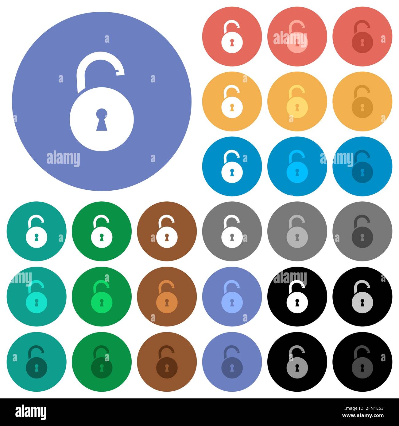 Unlocked round padlock with keyhole multi colored flat icons on round ...
