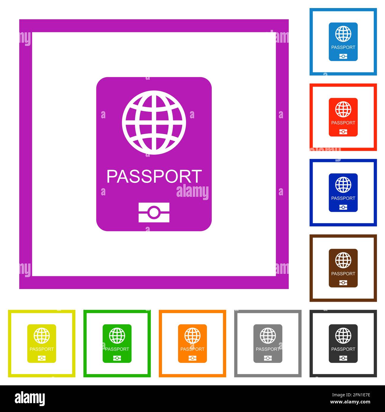 Passport flat color icons in square frames on white background Stock ...