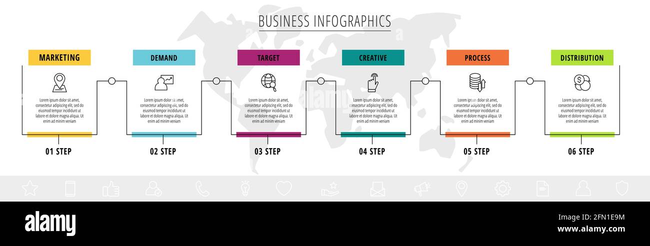 Vector line infographic template label for six colorful rectangle ...