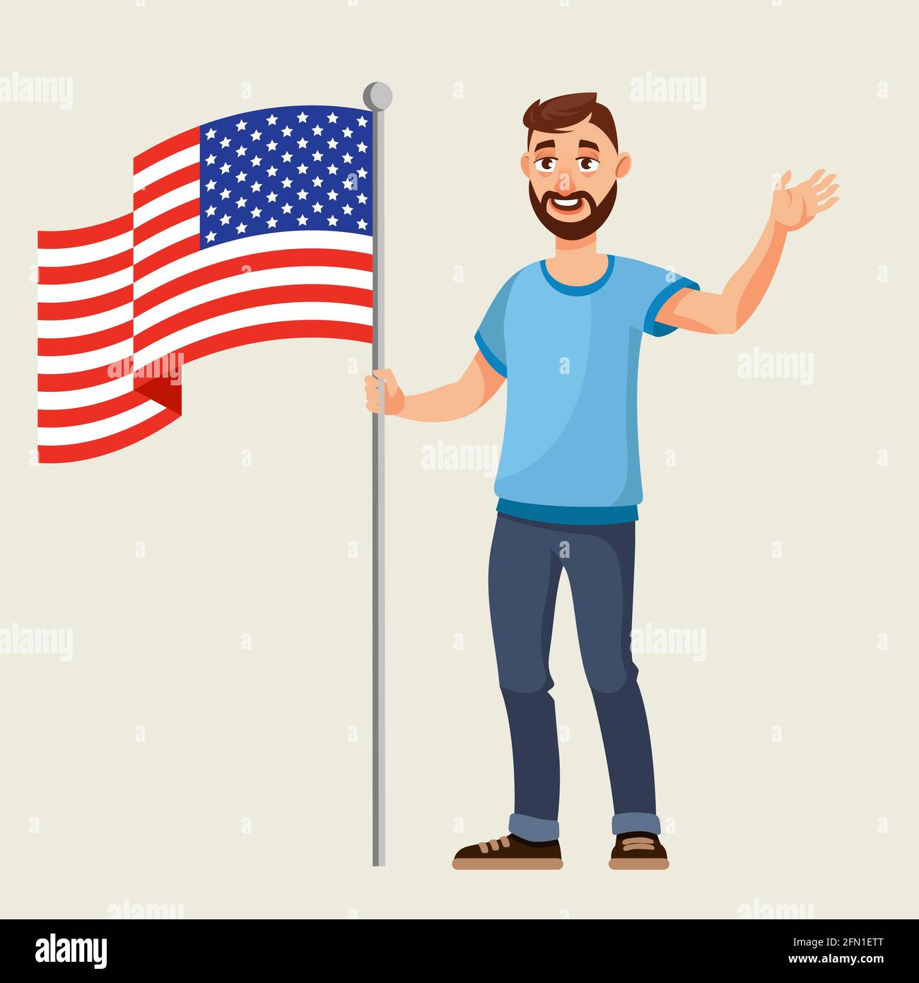 Man standing with american flag. Male person in cartoon style Stock