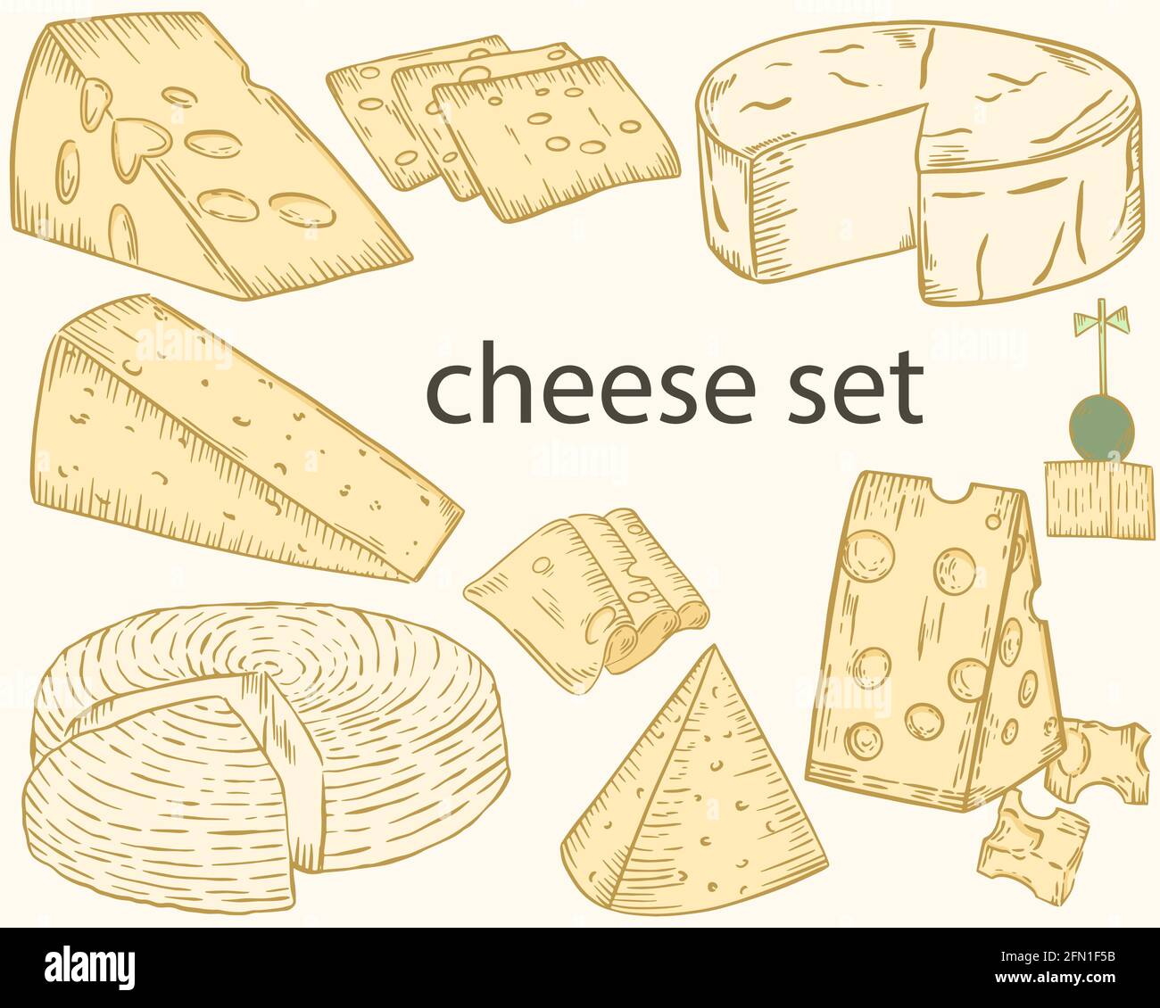 Cheese sketch. Vector set of different cheeses. Dairy products, processing industry. Head of cheese in slices and wedges. Color illustration, hand dra Stock Vector