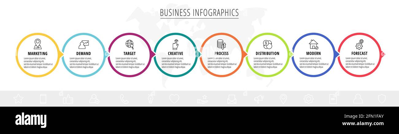 Vector infographics eight circles with arrows. Line business concept of ...