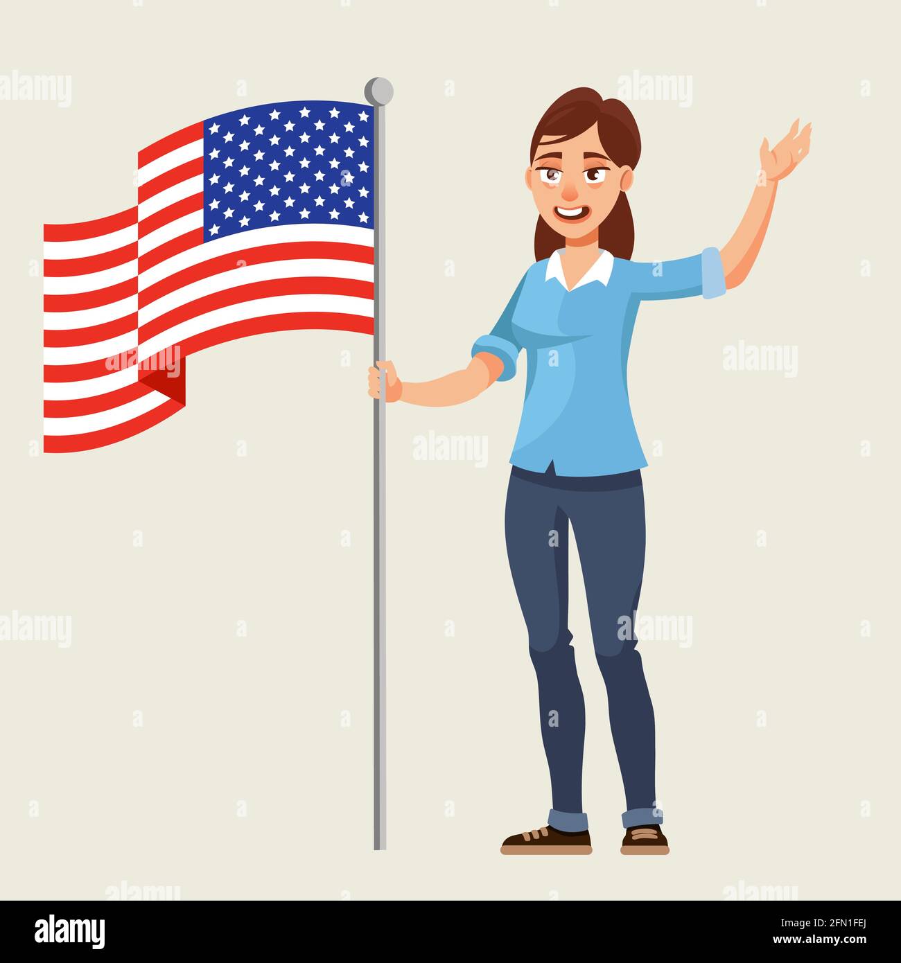 Woman standing with american flag. Female person in cartoon style. Stock Vector