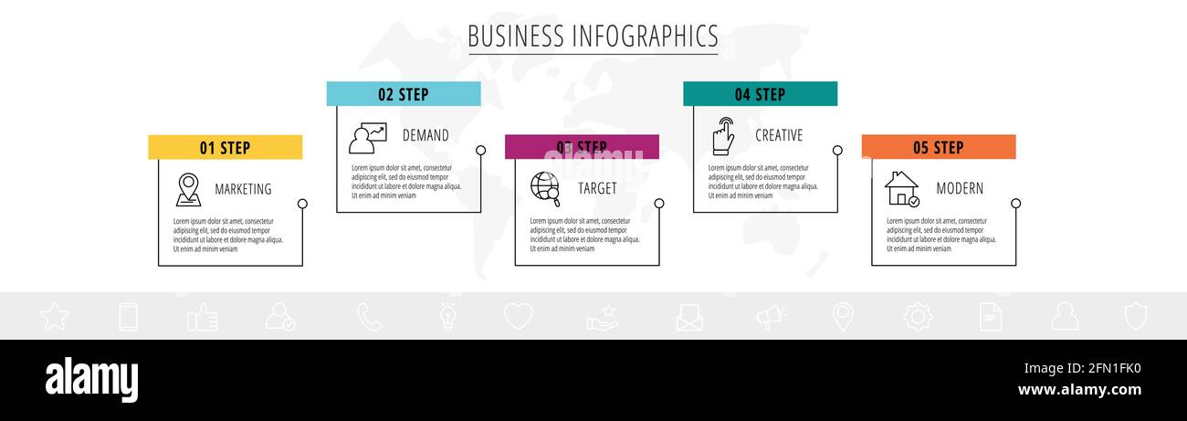 Vector line infographic template label for five colorful rectangle ...