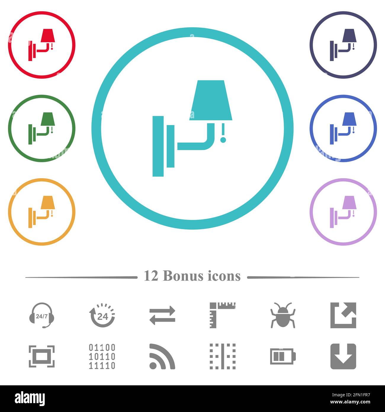 Wall lamp flat color icons in circle shape outlines. 12 bonus icons ...