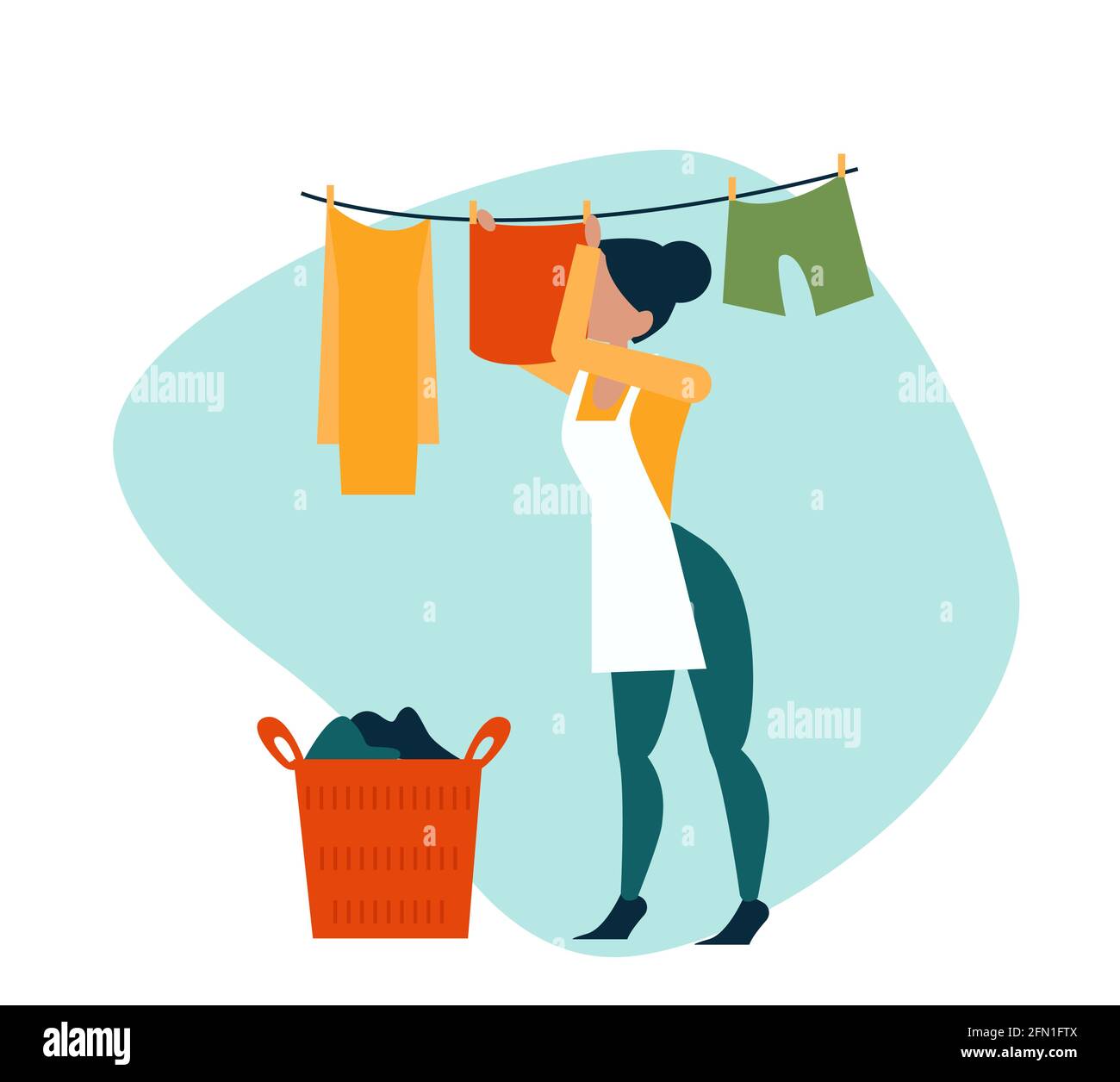 Vector of a young woman hanging wet clothes out to dry Stock Vector