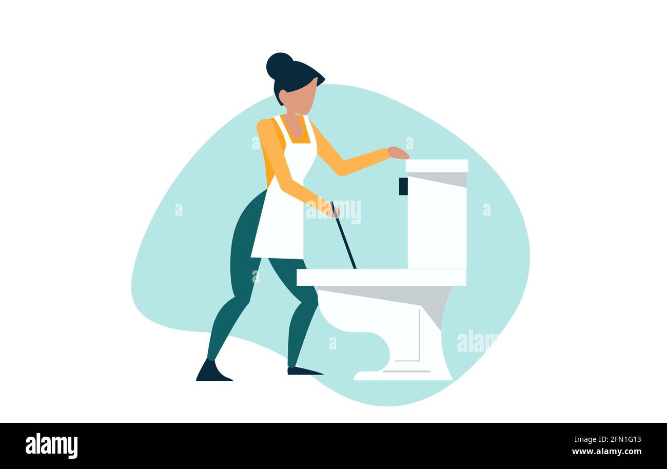 Vector of a house keeping lady cleaning the bathroom, toilet Stock Vector