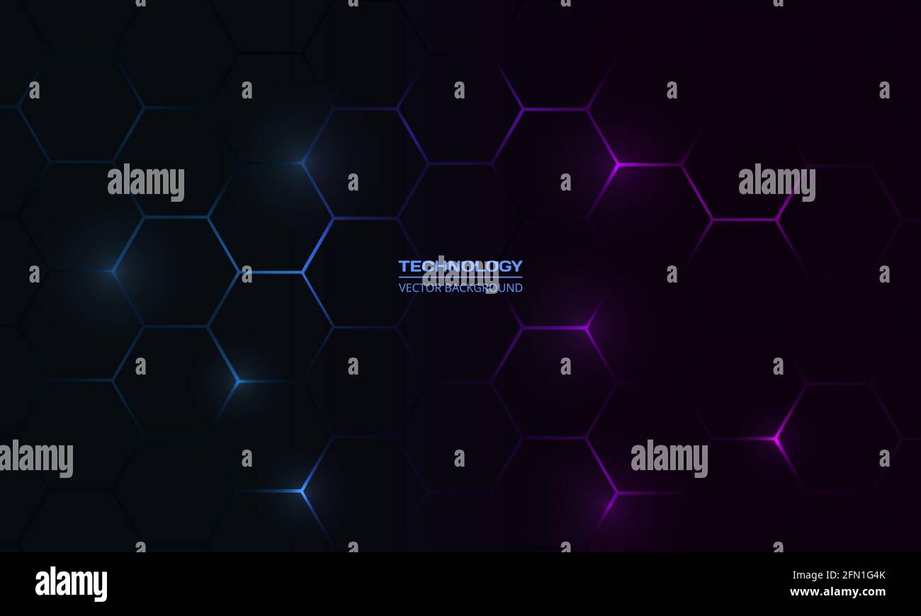 Dark hexagonal technology abstract vector background with blue and pink ...