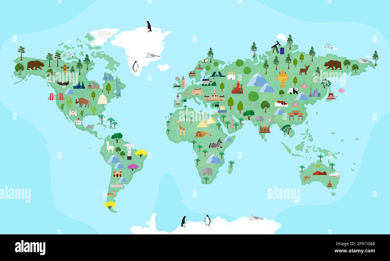 Illustrated Map Of The World With Cartoon Animals For Kids Continents Animals Plants For Preschoolers Schoolchildren Home Schooling Stock Vector Image Art Alamy