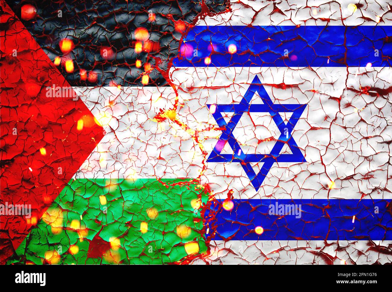 israel and palestine flags painted over cracked concrete wall.And lava flows behind.israel vs palestine war. Stock Photo