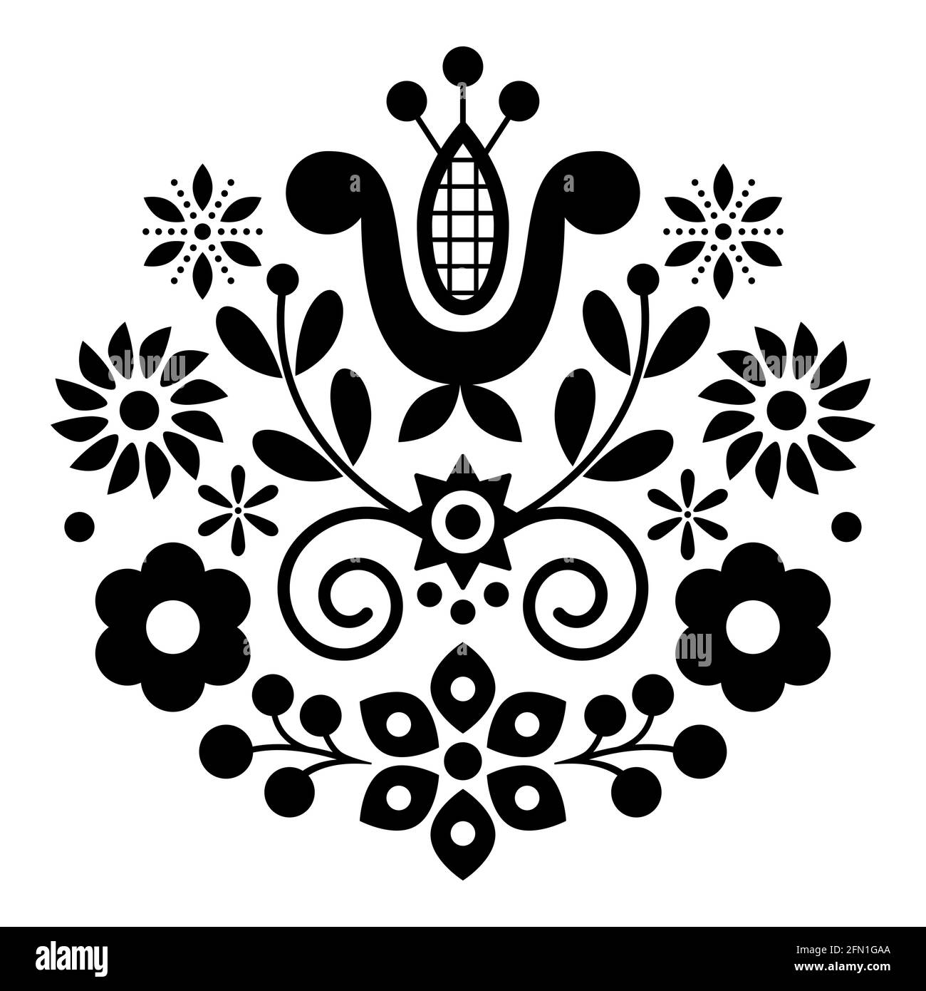 Polish folk art vector black and white design with flowers perfect for ...
