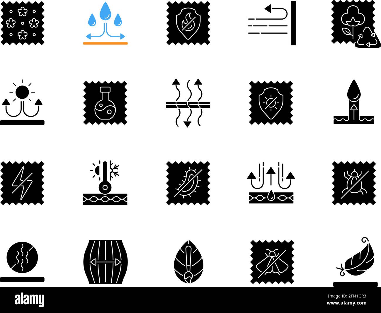 Different types of fabric feature black glyph icons set on white space ...