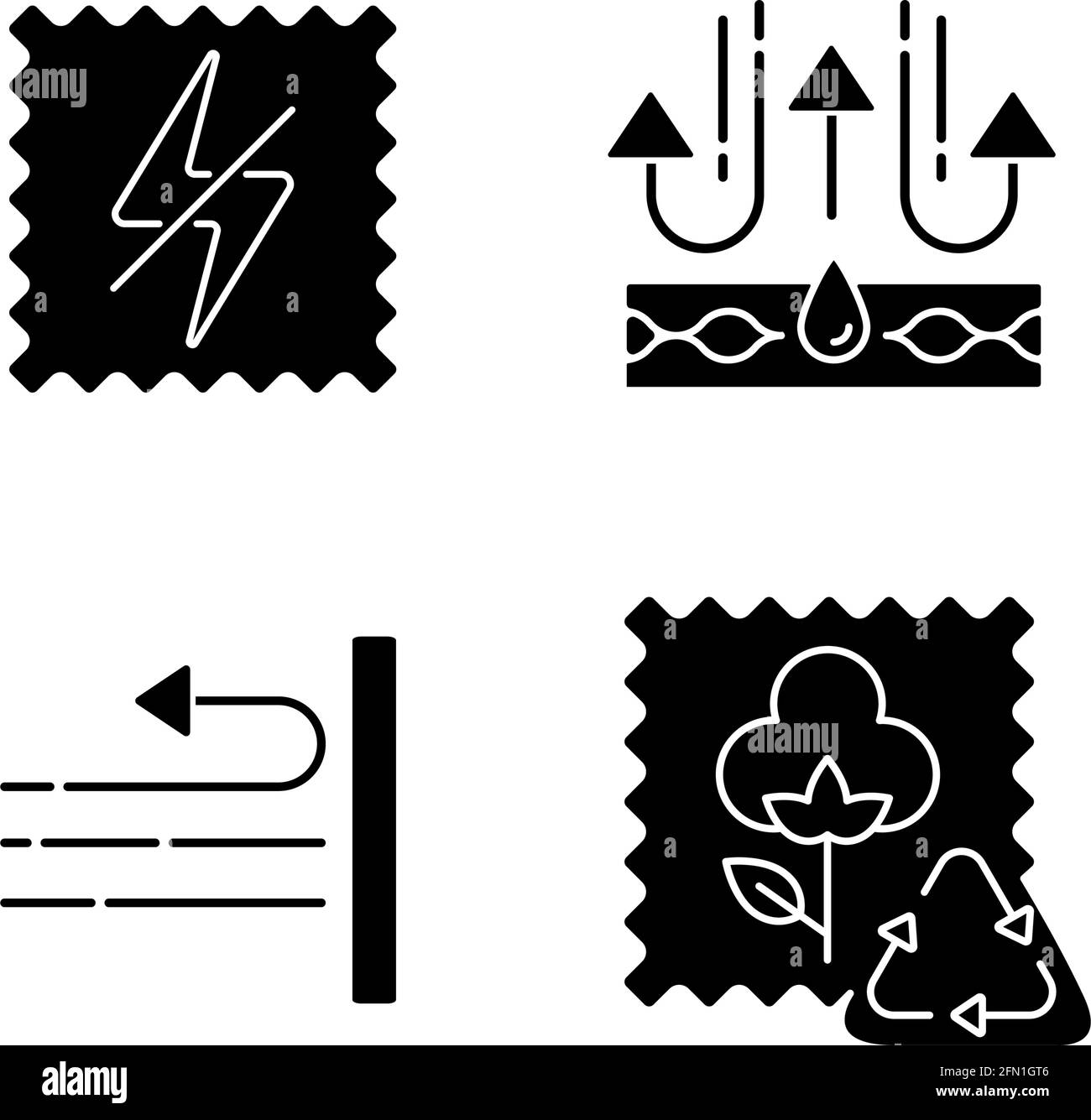 Different fabric features black glyph icons set on white space Stock Vector