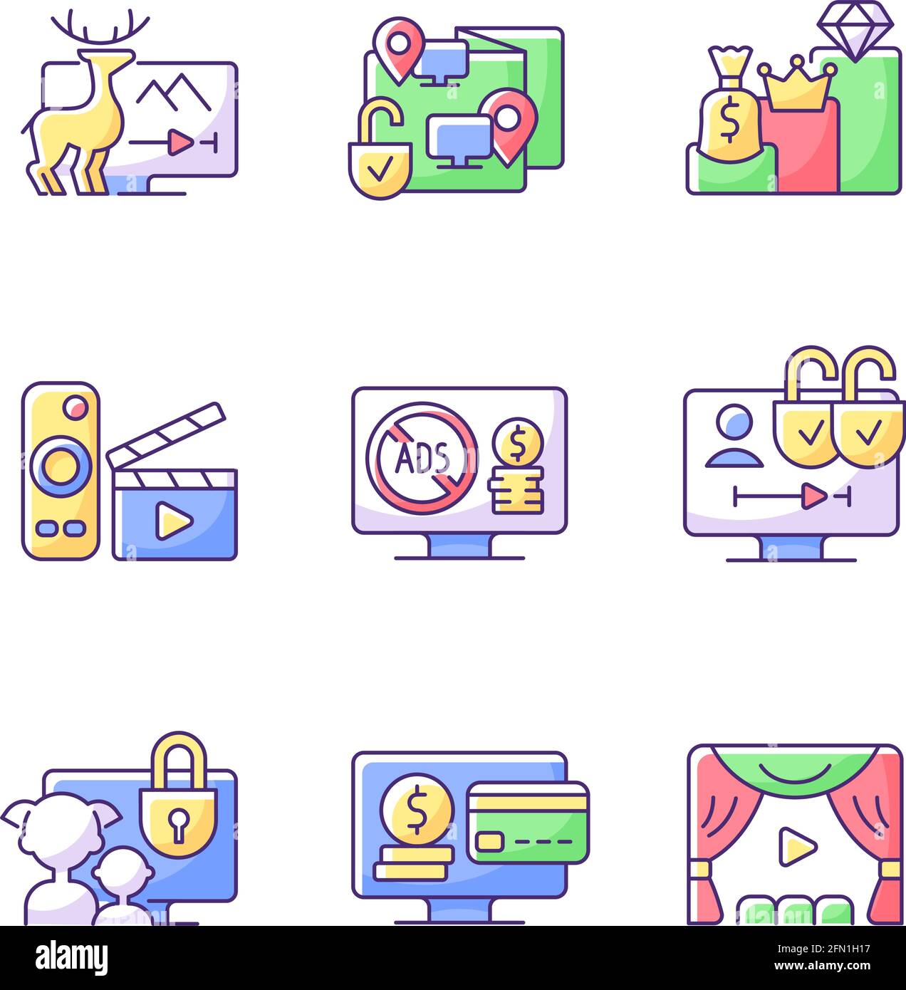 Broadcasting services RGB color icons set Stock Vector