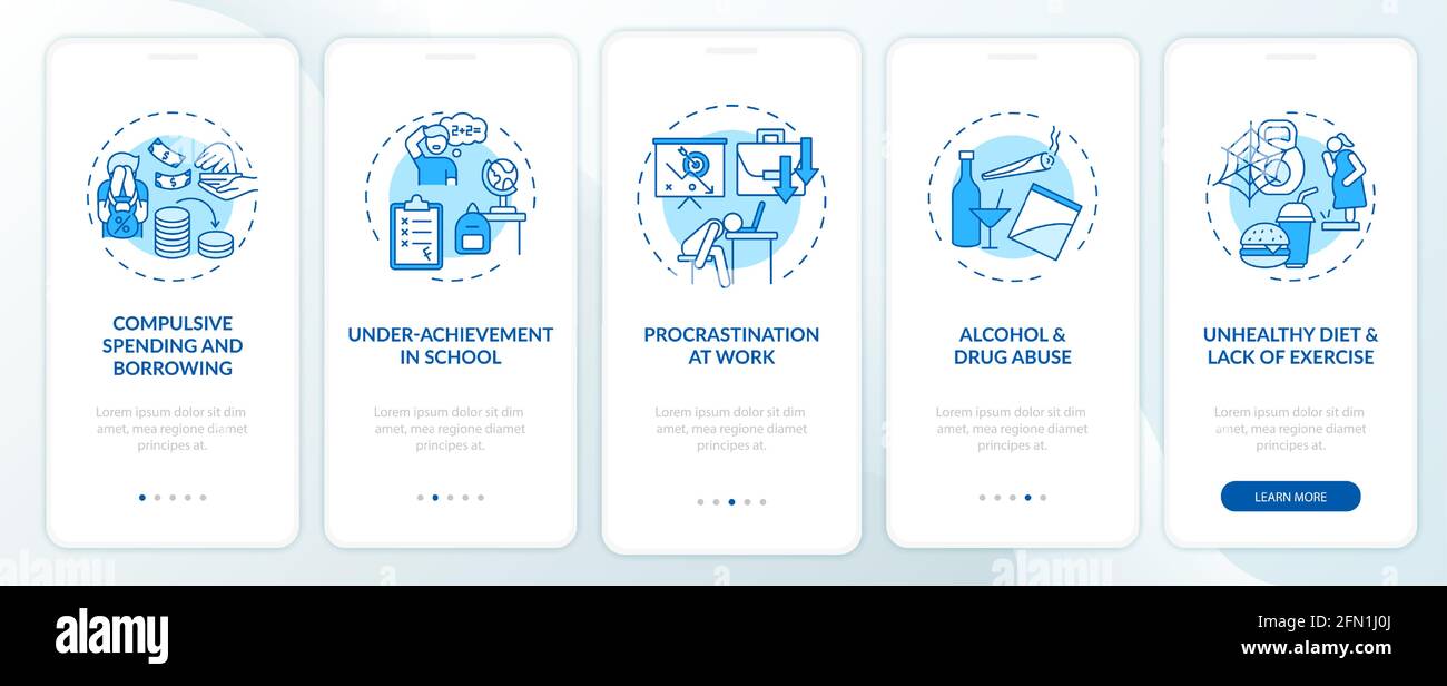 Major self-control problems blue onboarding mobile app page screen with ...