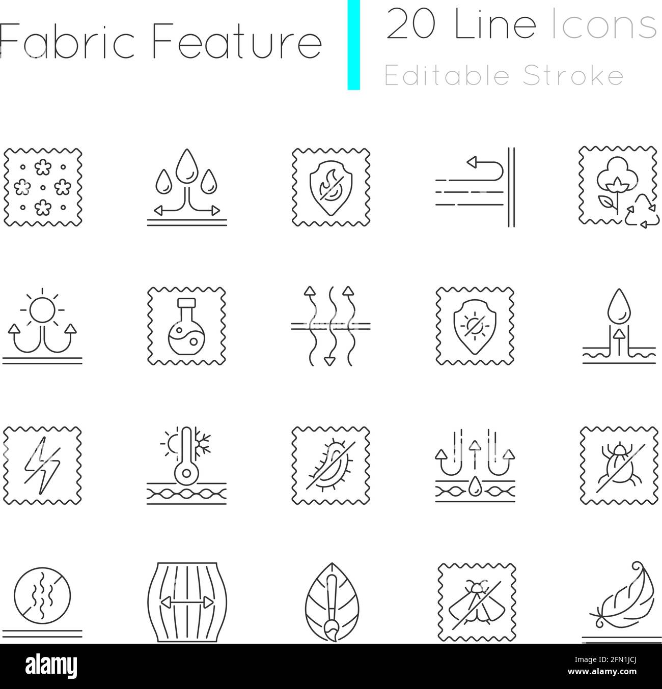 Different types of fabric feature linear icons set Stock Vector