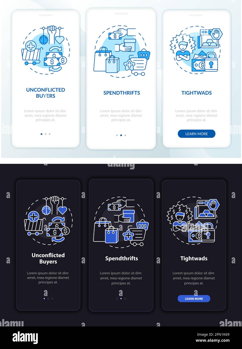 Consumer types onboarding mobile app page screen with concepts Stock Vector