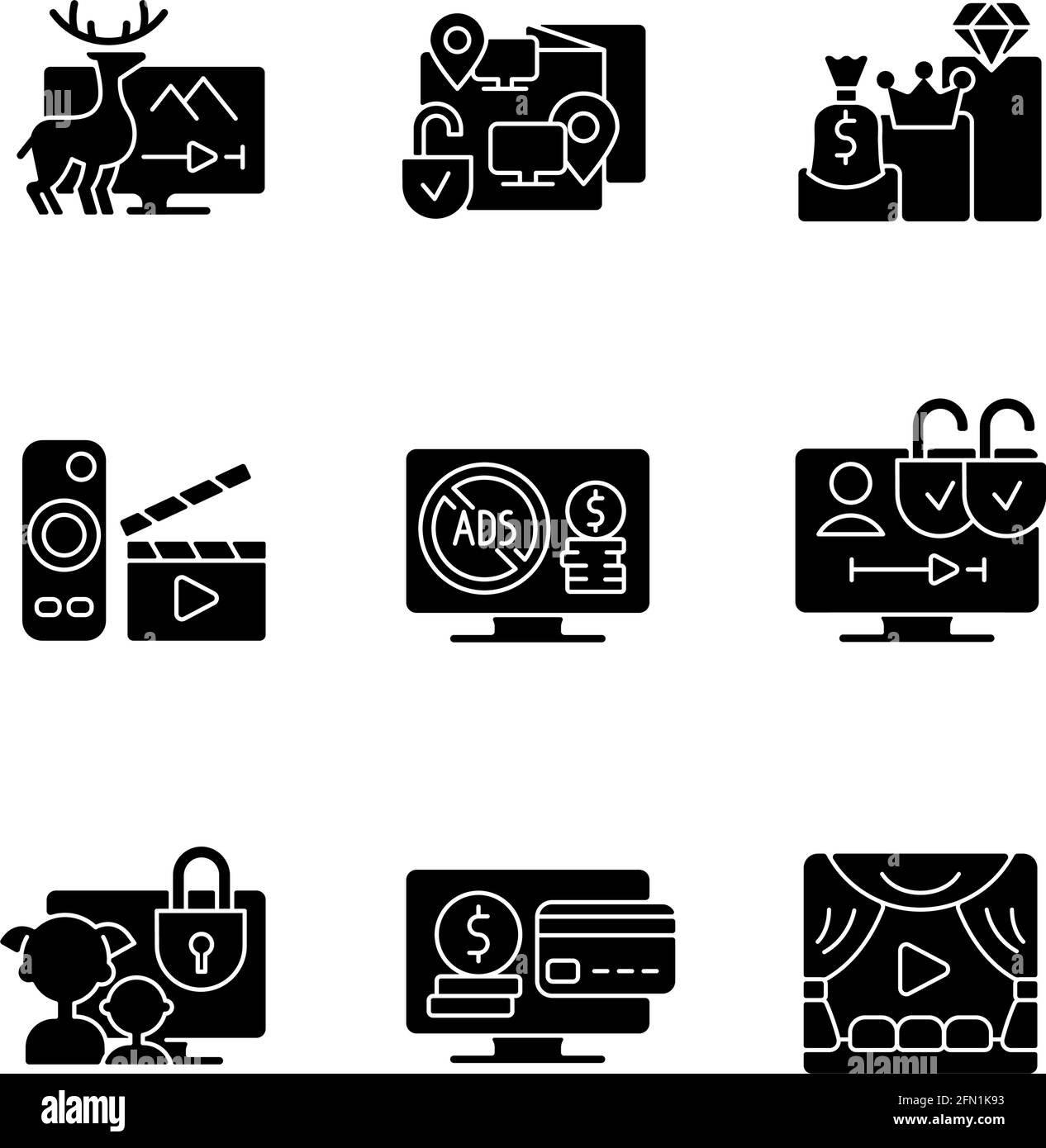Broadcasting services black glyph icons set on white space Stock Vector