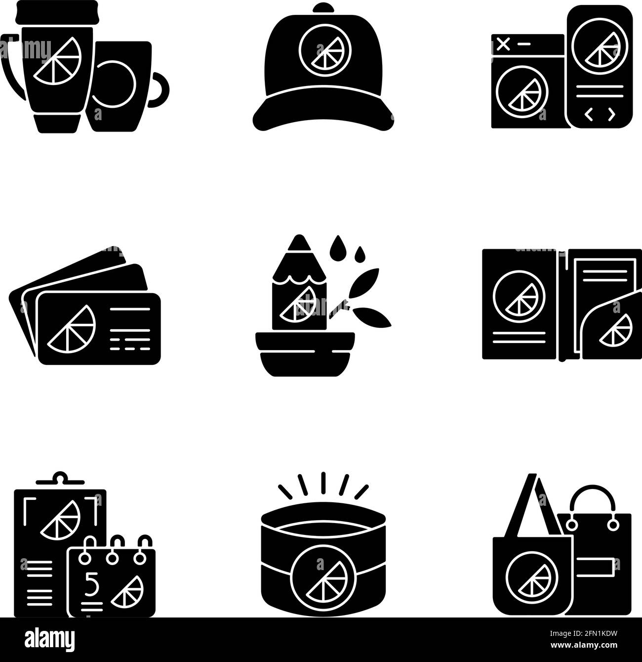 Company branding materials black glyph icons set on white space Stock ...