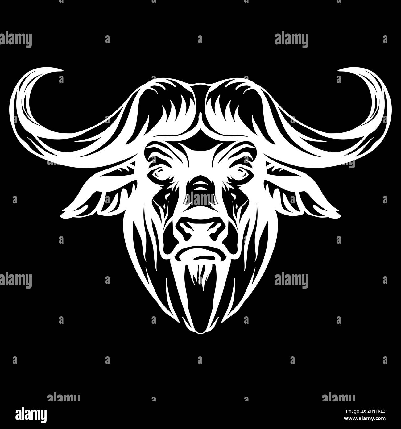 Mascot. Head of african buffalo. Vector illustration white color front view of wild animal isolated on black background. For decoration, print, design Stock Vector