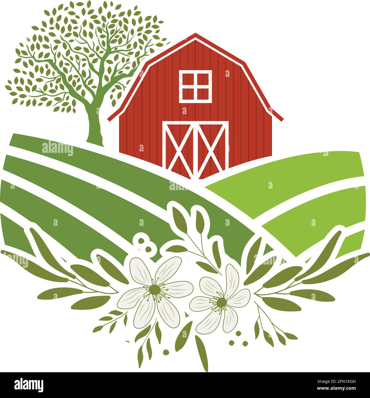 barn and cherry tree flowers, agriculture related vector Stock Vector