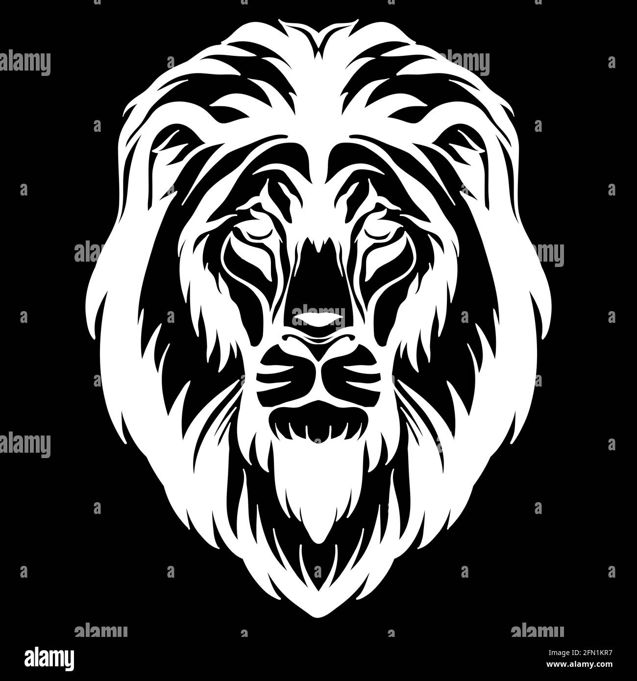 Mascot. Head of lion. Vector illustration white color front view of wild cat isolated on black background. For decoration, print, design, logo, sport Stock Vector