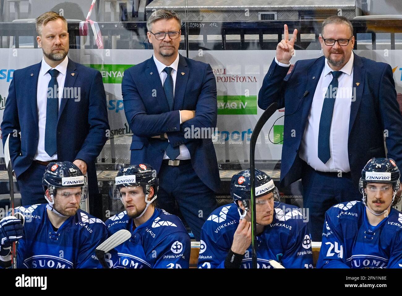 Finnish head coach Jukka Jalonen (centre) on the subs bench during the Czech Hockey Games, Euro Hockey Tour event match Czech Republic vs Finland in P Stock Photo