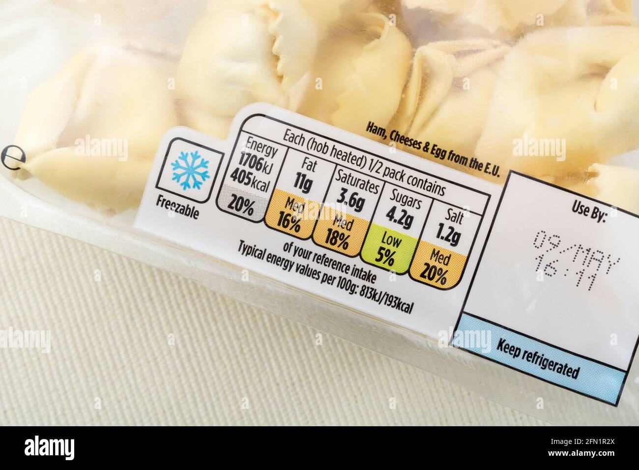 Close shot of packet of ASDA Ham and Cheese tortelloni and the