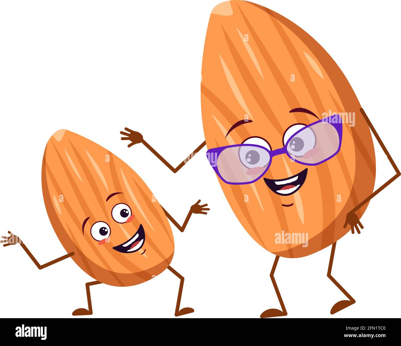 Cute almond characters with emotions, face. Funny grandmother with glasses and dancing grandson with arms and legs. The happy hero, nut with eyes Stock Vector