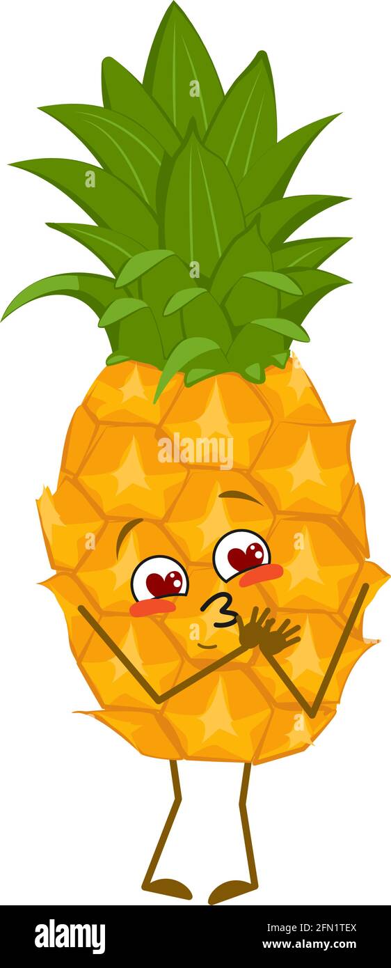 Cute pineapple character falls in love with eyes hearts, face, arms and ...