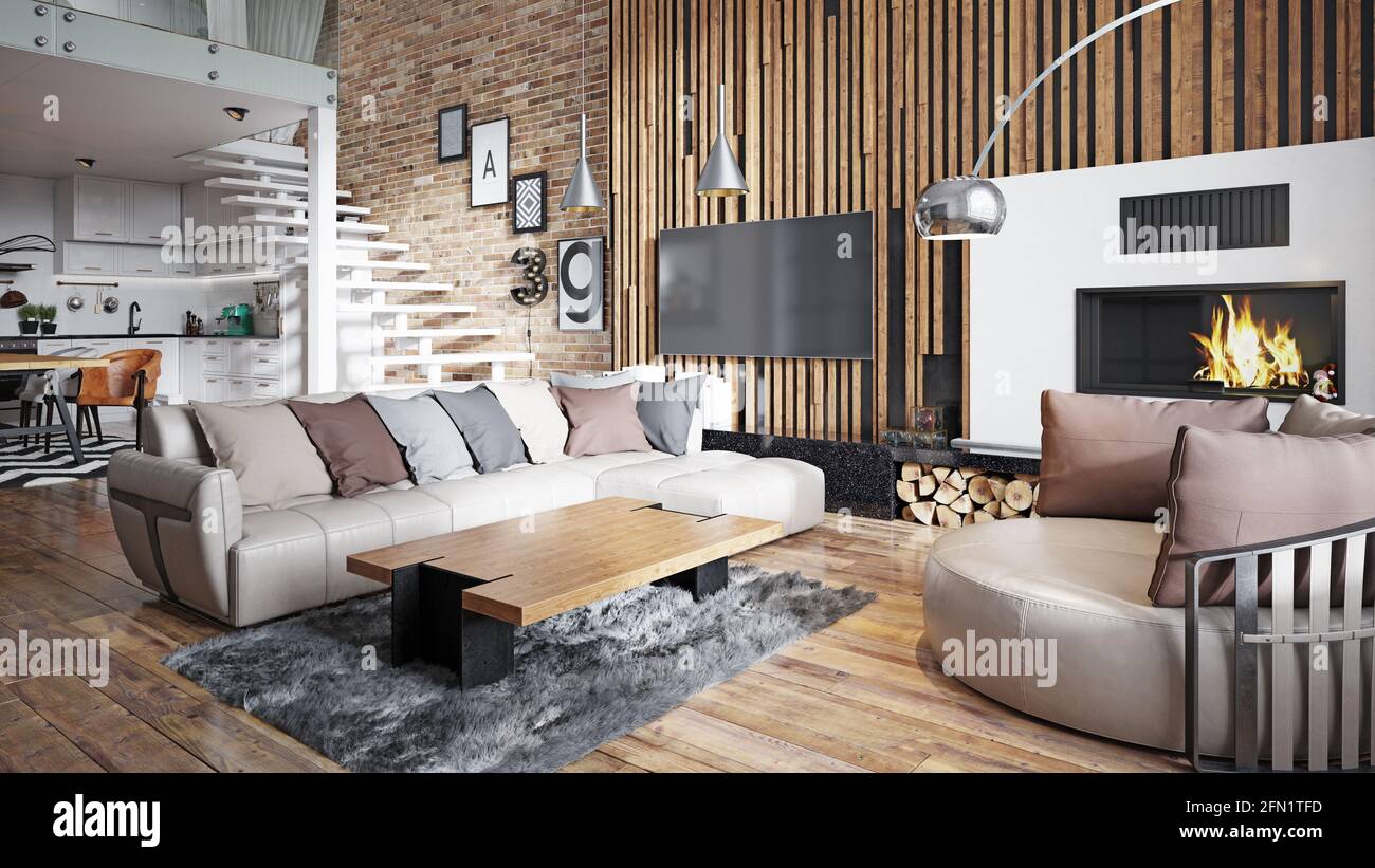 modern living interior. 3d design concept illustration Stock Photo - Alamy