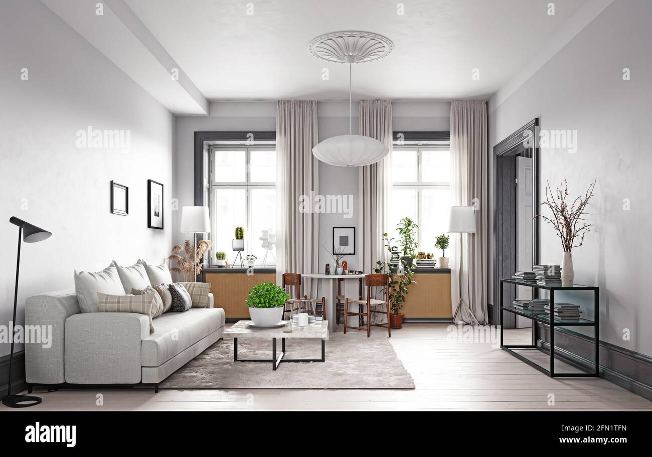 modern living interior design. 3d concept illustration Stock Photo - Alamy