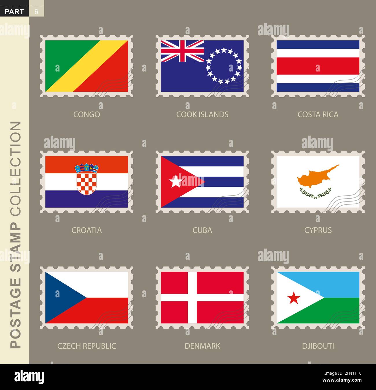 Postage stamp with flag, collection of 9 flag: Congo, Cook Islands, Costa Rica, Croatia, Cuba, Cyprus, Czech Republic, Denmark, Djibouti Stock Vector