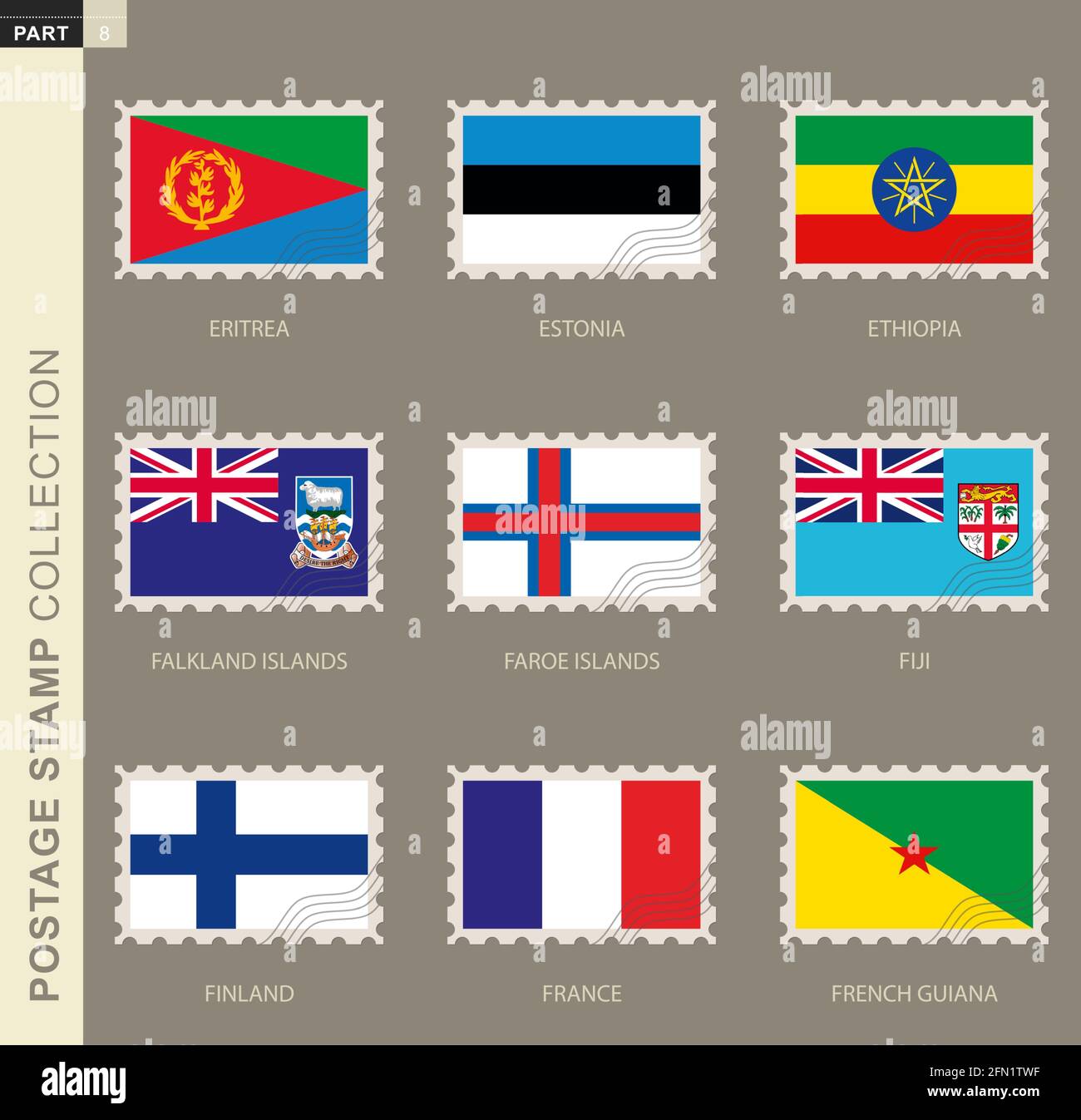 Postage stamp with flag, collection of 9 flag: Eritrea, Estonia, Ethiopia, Falkland Islands, Faroe Islands, Fiji, Finland, France, French Guiana Stock Vector