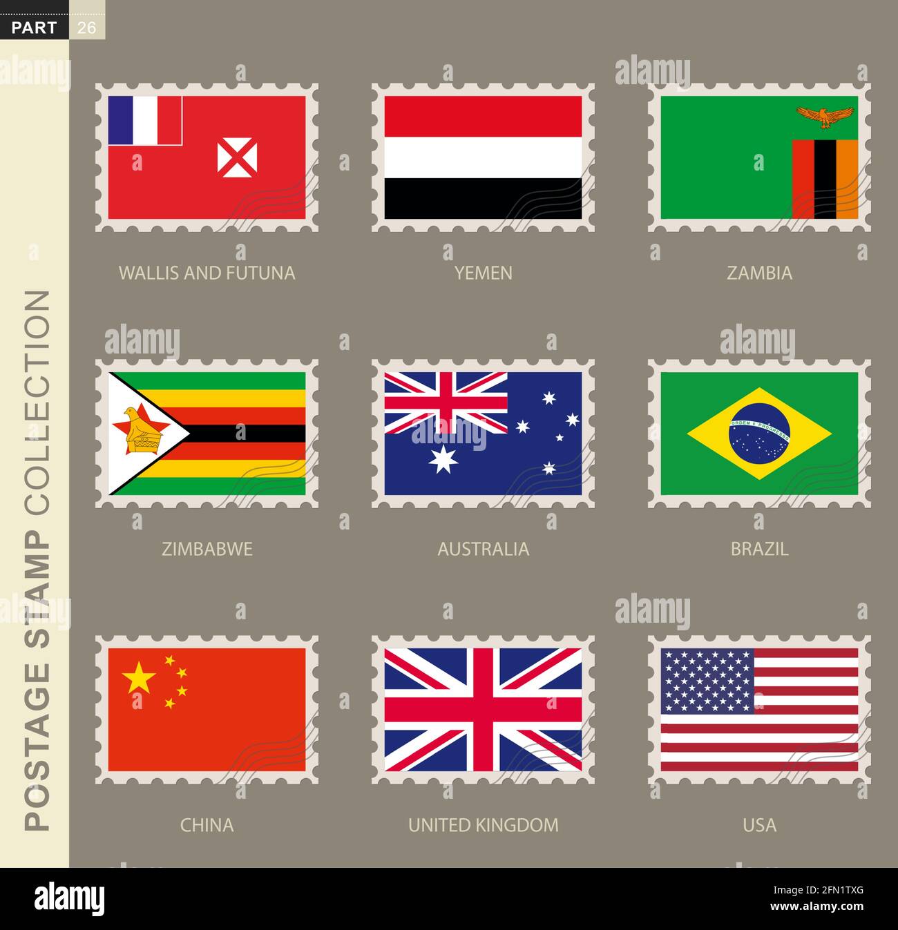 Postage stamp with flag, collection of 9 flag: Australia, Brazil, China, UK, USA, Wallis and Futuna, Yemen, Zambia, Zimbabwe Stock Vector