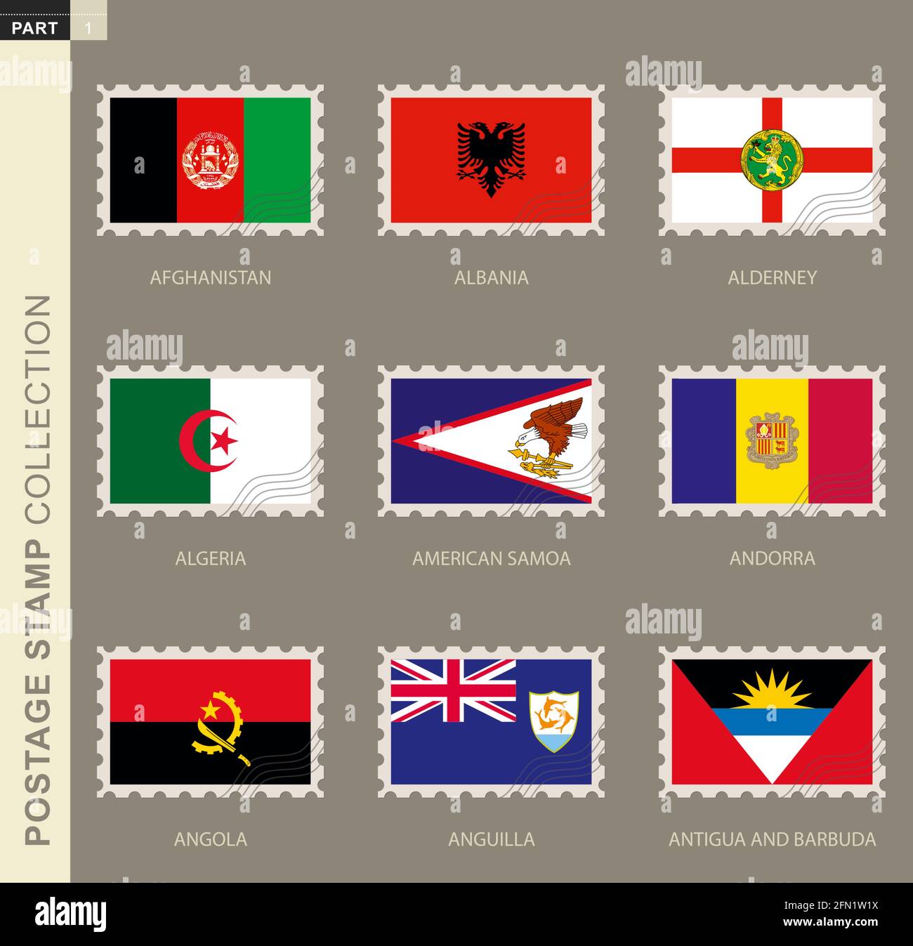 Postage stamp with flag, collection of 9 flag: Afghanistan, Albania, Alderney, Algeria, American Samoa, Andorra, Angola, Anguilla, Antigua and Barbuda Stock Vector