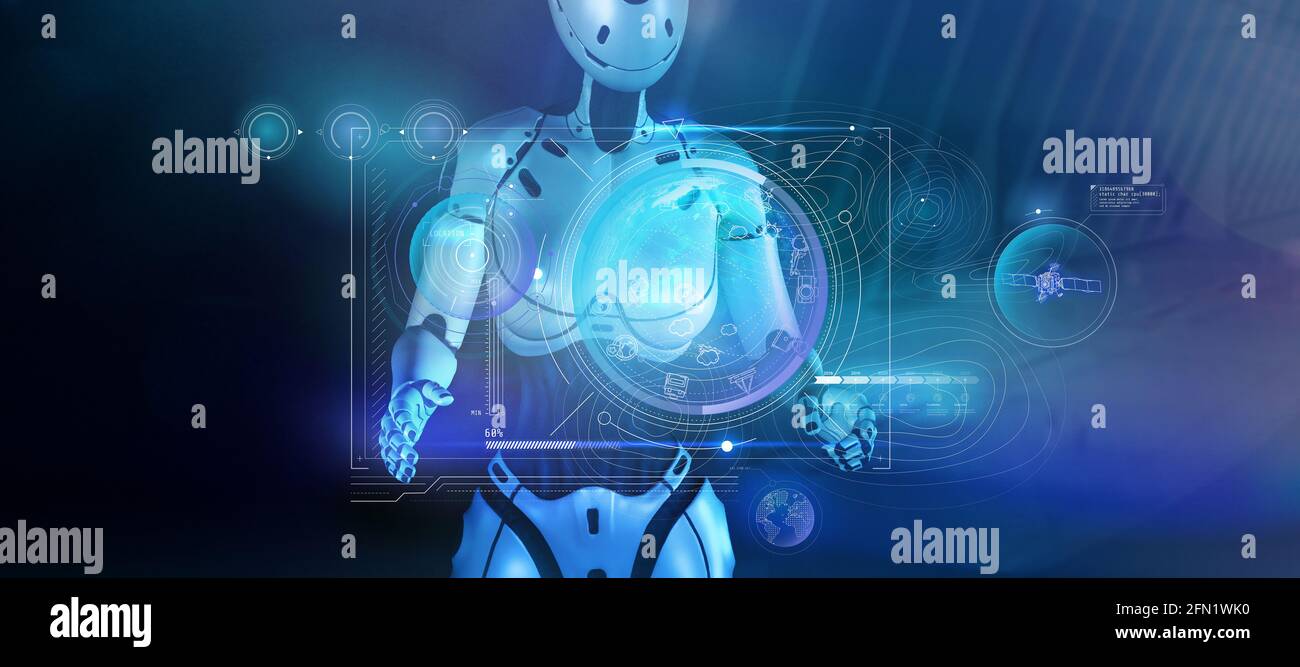 Robot and virtual panel with Earth data. 3D render Stock Photo
