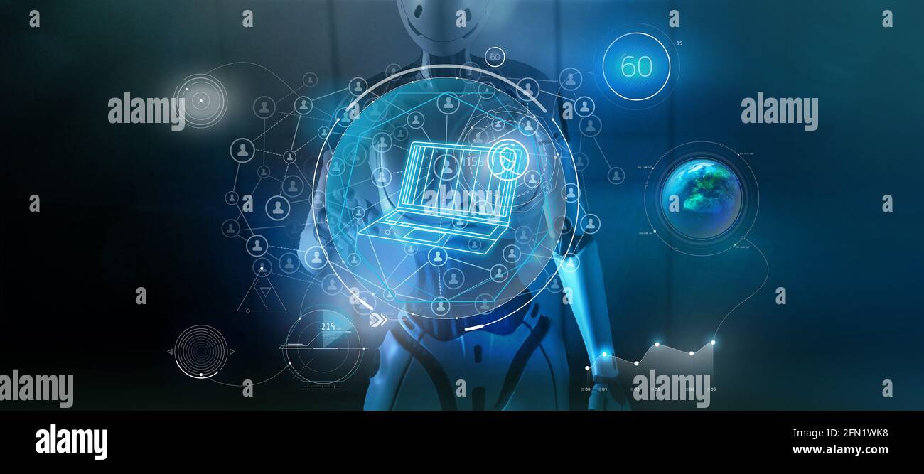 The computer analyzes an array of social media data. 3D render Stock