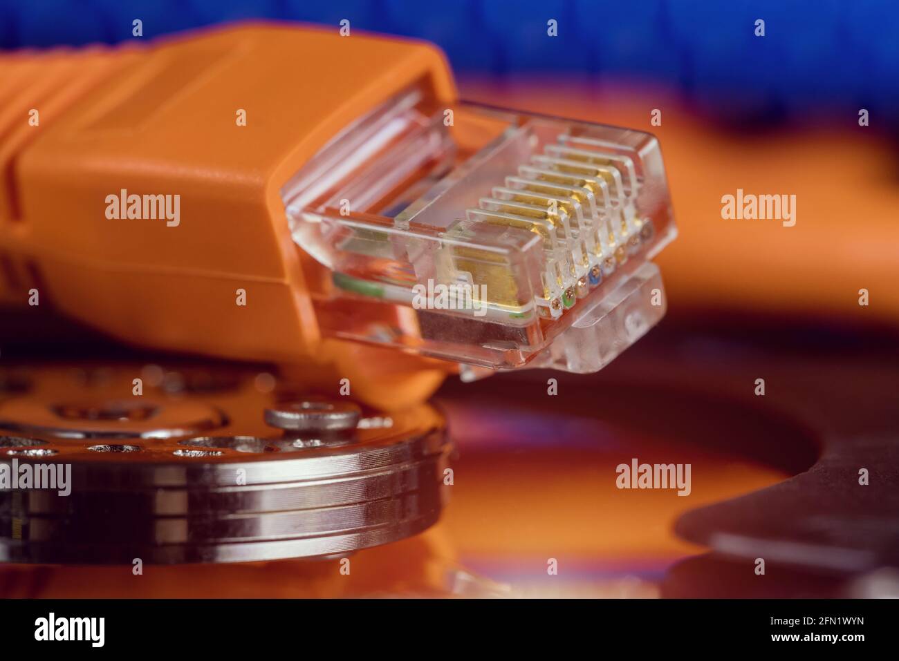 Selective focus at internet network cables connected with online storage files backup, transfer, server information storage Stock Photo
